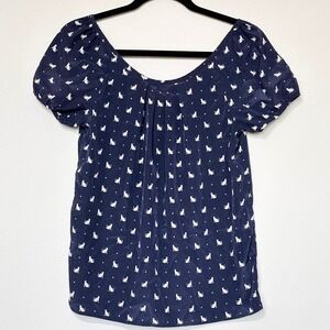 Old‎ Navy Navy Blue White Cat Print Short puff Sleeve Bow Back Blouse Top Size S